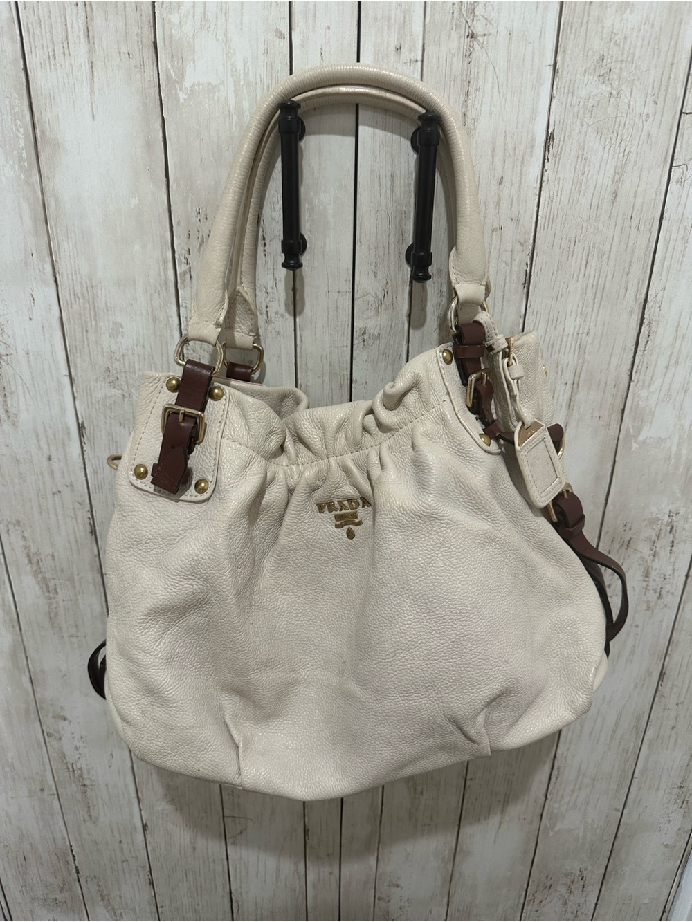 Vintage Cream Leather Satchel with Brown Strap Accents